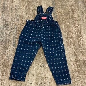 Vintage Oshkosh Bgosh Blue White Pink Floral Bow Denim Bubble Overalls